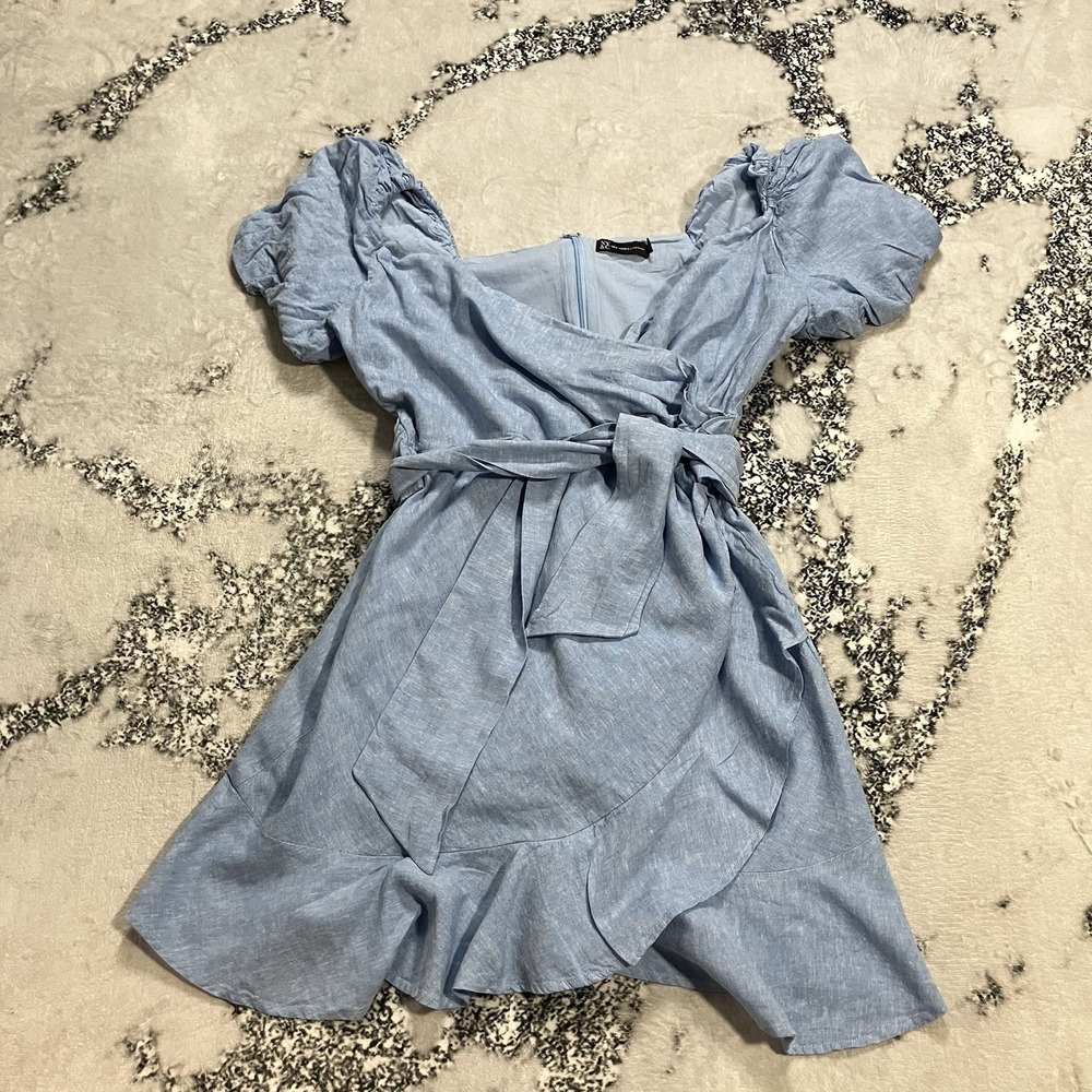 New York & Company Linen Blend Blue Wrap Dress Size XXL Puff Sleeve Ruffle Hem